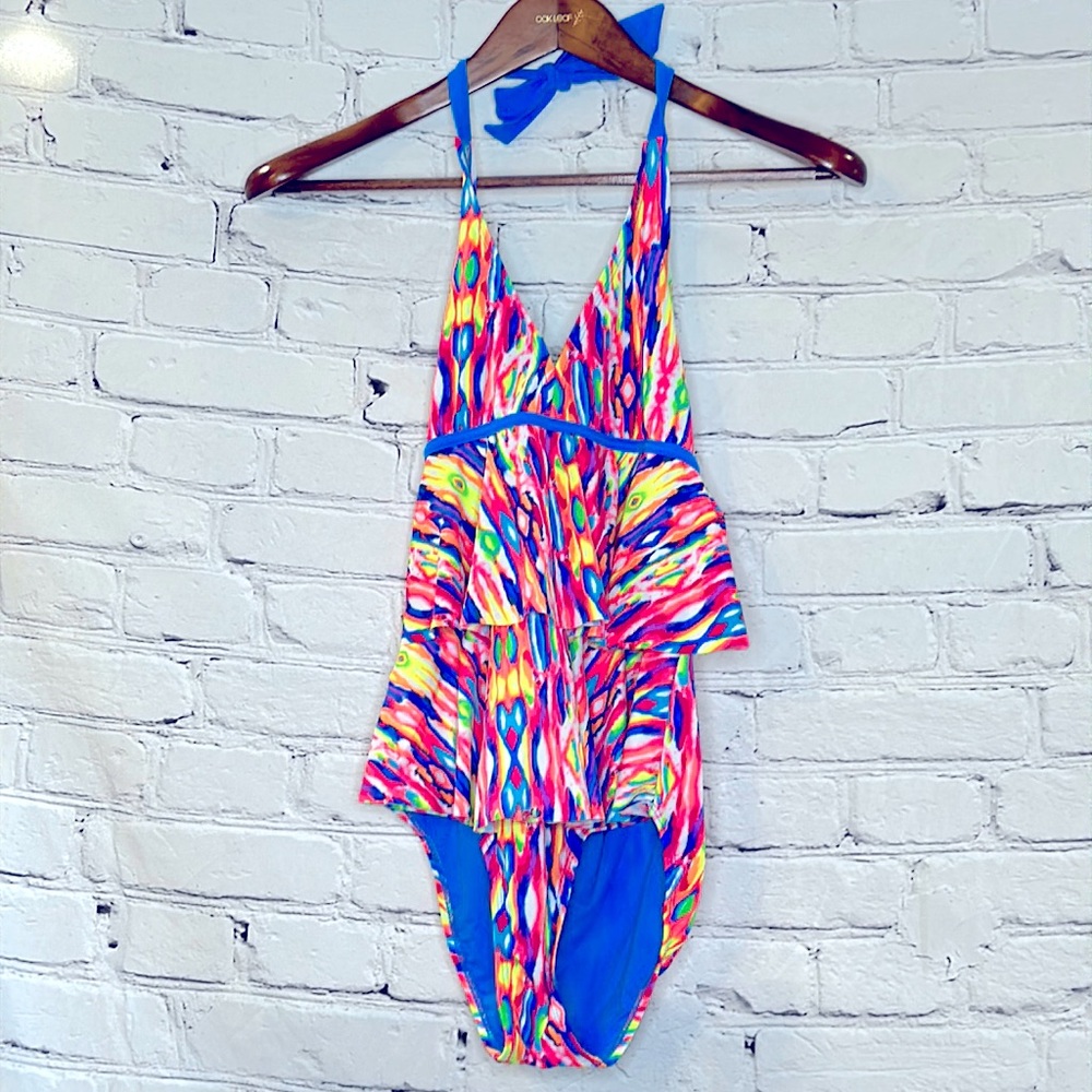 Justice Blue Pink Halter-Style One-Piece Swimsuit Size 14 Excellent Condition